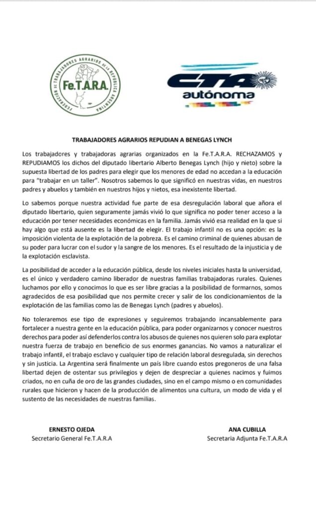 comunicado de fetera ante las declaraciones de alberto benegas lynch